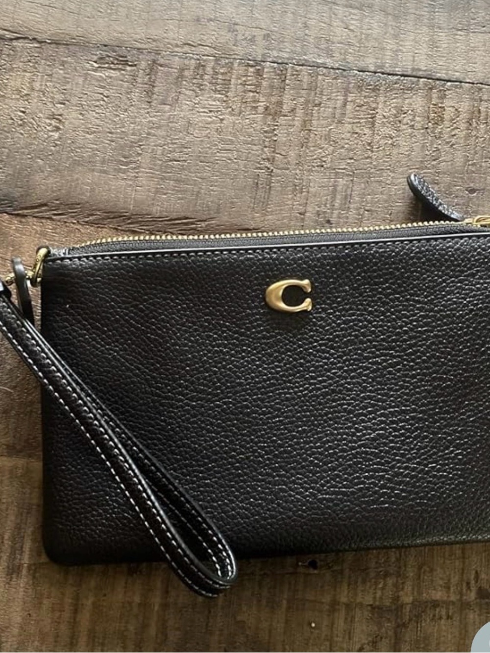 Coach Black Pebbled Leather Wristlet with Gold C Logo